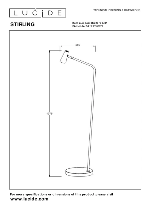 Lucide STIRLING - Rechargeable Floor lamp - Battery pack- LED 3 StepDim - 1x3W 2700K - White - technical
